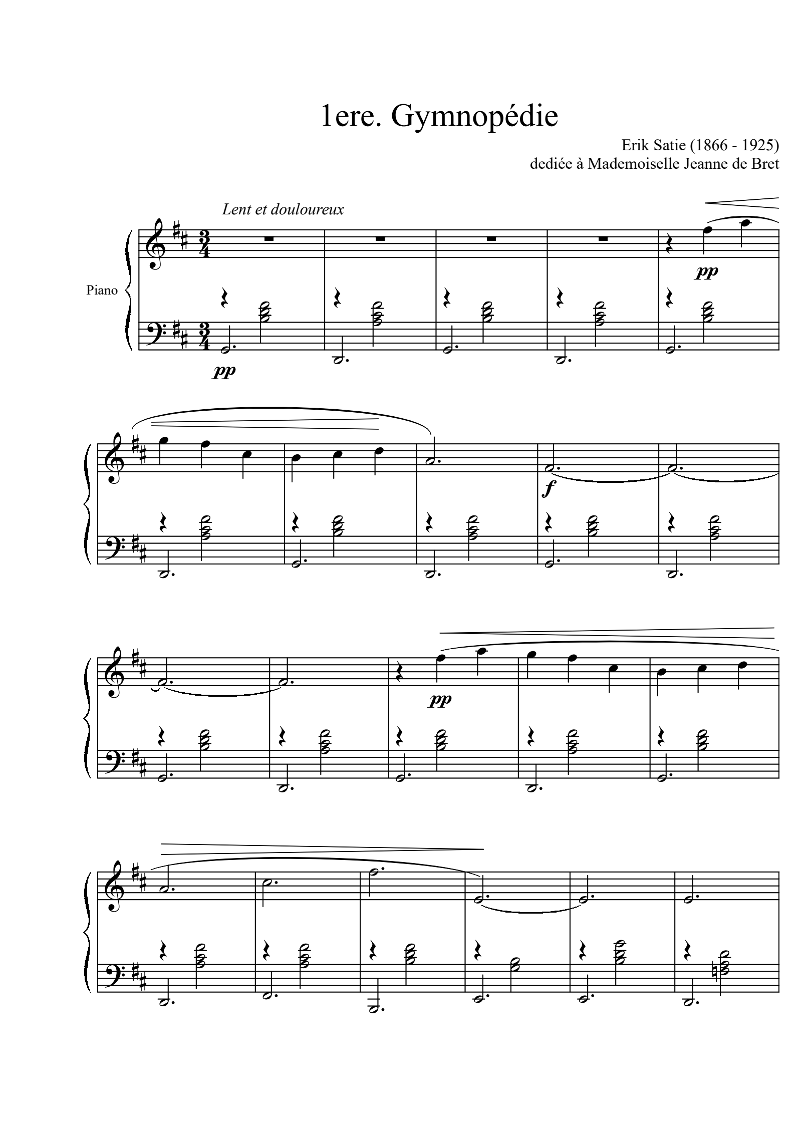 The first page of Satie’s Gymnopédie No. 1 open in enScore, with a highlighted phrase, an underlined dedication and a handwritten pedal reminder